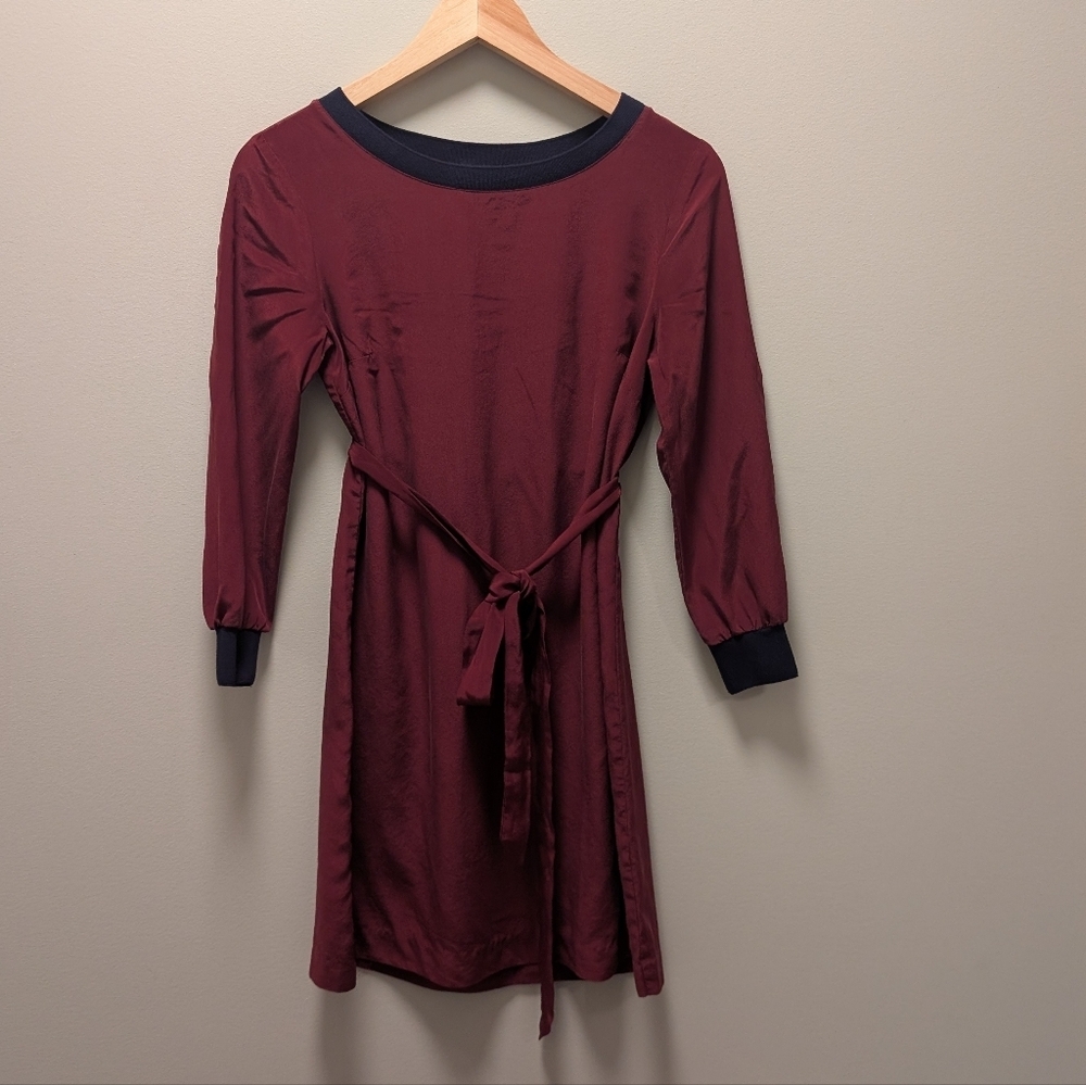 Club Monaco Burgundy Silk Tie-Waist Dress Size 0 - Picture 2 of 5